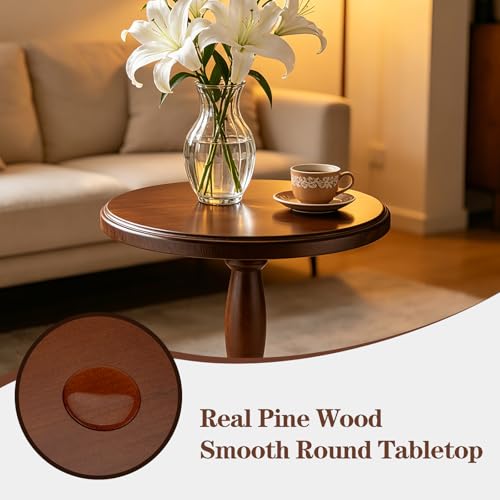 12" Real Wood Round Drink Table, Small Pedestal Side Table with Decorative Beaded Design, Accent End Table for Living Room and Bedroom, Brown
