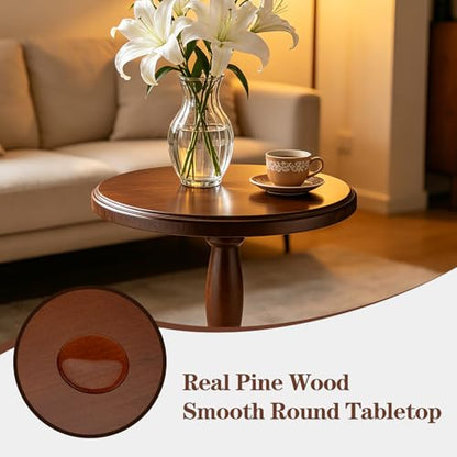 12" Real Wood Round Drink Table, Small Pedestal Side Table with Decorative Beaded Design, Accent End Table for Living Room and Bedroom, Brown