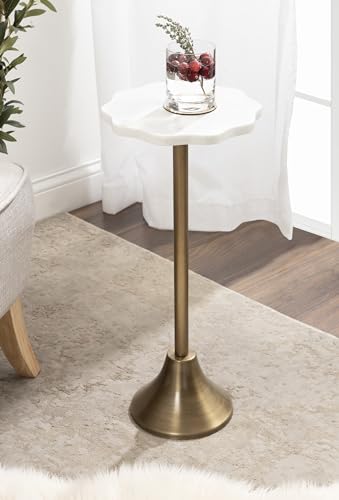 Sanzo Modern Pedestal Drink Table; 10 x 10 x 23; Antique Brass and White; Decorative End Table with Scalloped Marble Tabletop for Use as Small Plant Stand or Cute Martini Table