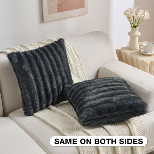 Pack of 2 Faux Mink Fur Throw Pillow Covers 24x24 Inch Soft Fluffy Dyeing Striped Textured Farmhouse Decorative European Cushion Case Modern Home Decor for Couch Bed Living Room, Dark Grey