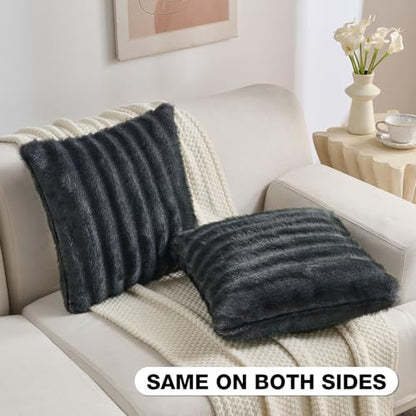 Pack of 2 Faux Mink Fur Throw Pillow Covers 24x24 Inch Soft Fluffy Dyeing Striped Textured Farmhouse Decorative European Cushion Case Modern Home Decor for Couch Bed Living Room, Dark Grey