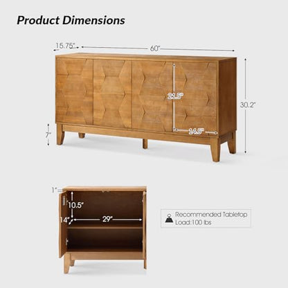 Mid Century Sideboard Buffet Cabinet with Solid Wood Legs, 60" Kitchen Storage Cabinet Credenza with 4 Doors and 2 Shelves, Accent Console Table (Seadrift)