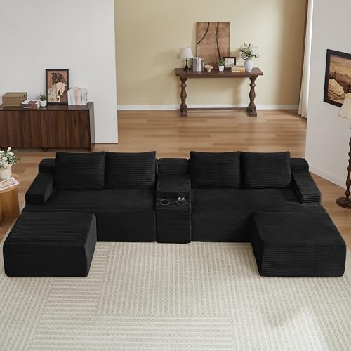 141" Oversized U Shaped Cloud Sectional Couches with Storage Console for Living Room, Corduroy Compressed Boneless Couch, Symmetrical Sofa & Couch with Movable Ottomans, Cup Holder