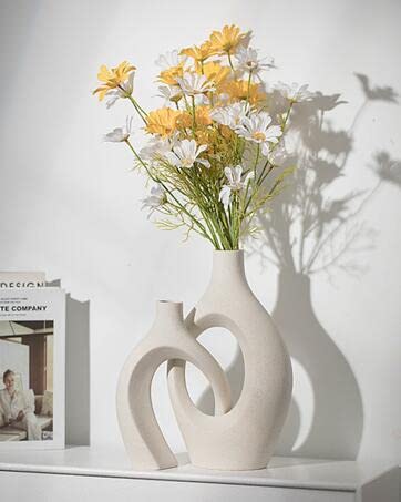 XL Beige Ceramic Vase Set of 2 for Modern Home Decor, Eclectic Entryway Modern Boho Hollow Flower Vases for Living Room Bookshelf Dining Coffee Table Centerpiece (W 6.8" X H 11")