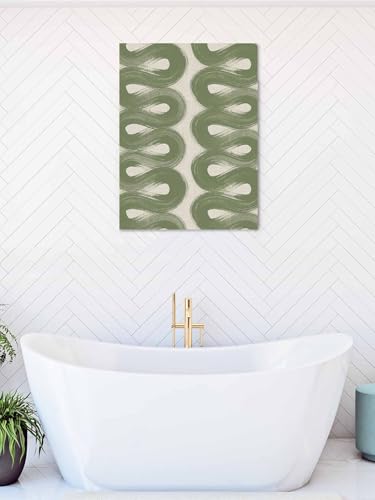 NuYeBiofx Sage Green Stripes Ribbon on Linen Canvas Wall Art Prints,48"x32" Framed Picture Artwork Abstract Waves Line Printed Canvas Oil Painting for Living Room Bedroom Office,Ready to Hang