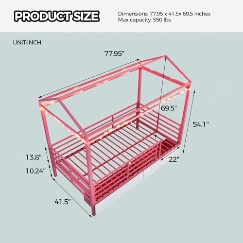 LUMISOL Twin House Bed Frame with Drawers & Guardrail, Metal House Platform Bed with Storage, Pink
