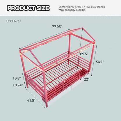 LUMISOL Twin House Bed Frame with Drawers & Guardrail, Metal House Platform Bed with Storage, Pink