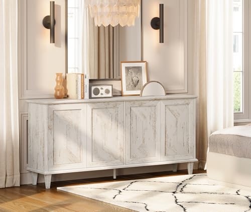 65" Modern Farmhouse TV Stand with Handcrafted Patchwork Doors for 75" TVs, Entertainment Center Console with Cable Management, Adjustable Shelves Storage for Living Room, Pale Oak