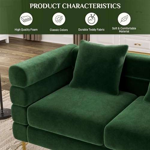 Living Room Sofa Couch and Loveseat Set, Modern Comfy Velvet Deep Seat Cloud Couch with 5 Pillows, Oversized Sofa Furniture Sets for Living Room Bedroom, Emerald Green Velvet