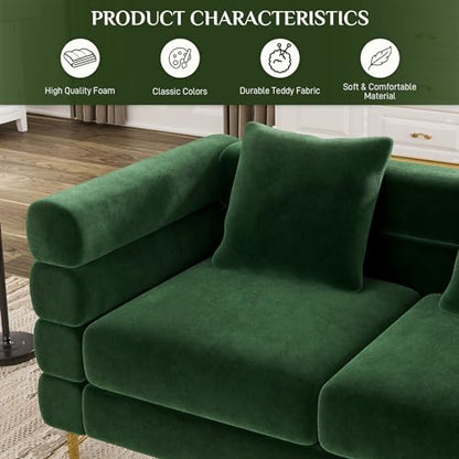Living Room Sofa Couch and Loveseat Set, Modern Comfy Velvet Deep Seat Cloud Couch with 5 Pillows, Oversized Sofa Furniture Sets for Living Room Bedroom, Emerald Green Velvet
