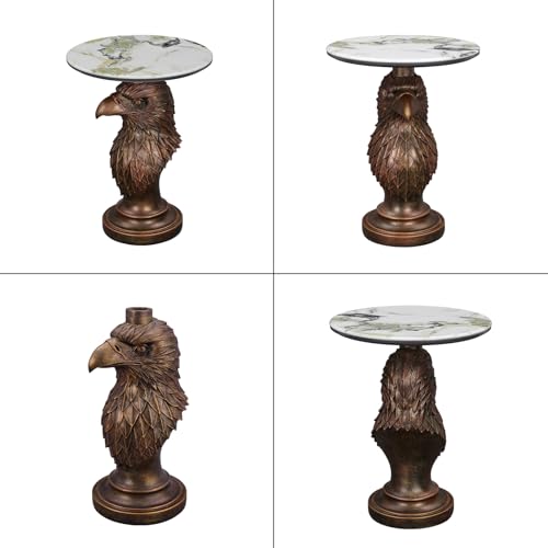 Eagle Head Accent Side Table - End Table with Faux Marble Top Unique Eagle Statue Decor for Living Room Bedroom Entryway Elegant Animal Sculpture Modern Classical Decoration, Bronze