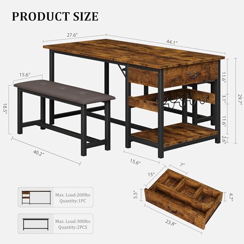 Dining Table Set for 4 with Storage Drawers & Wine Rack, Kitchen Table and Upholstered Benches for Small Spaces, Retro Brown