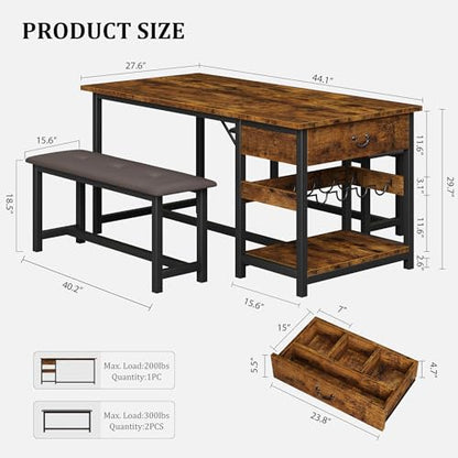 Dining Table Set for 4 with Storage Drawers & Wine Rack, Kitchen Table and Upholstered Benches for Small Spaces, Retro Brown