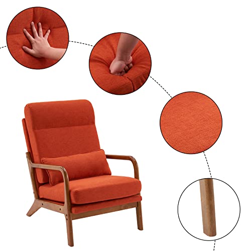Accent Chair High Back Mid-Century Modern, Burnt Orange | Linen Fabric Upholstered, Walnut Color Solid Rubber Wood Frame, Soft Cushion with Pillow, For Living Room, Bedroom, Balcony