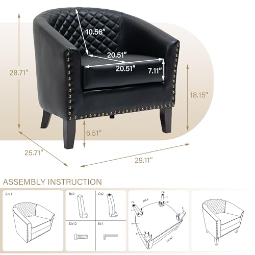 Faux Leather Barrel Accent Chairs Set of 4, Modern Club Arm Chair Comfy Upholstered Single Sofa Chair with Solid Wood Legs and Nailhead Trim for Living Room/Reading Room, Black