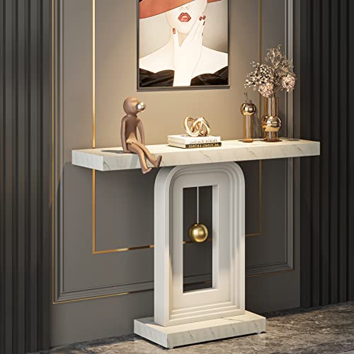 Tribesigns Modern Console Table, 40 Inches Faux Marble Sofa Table, Contemporary Entryway Table with Pendulum Shape Base for Living Room Hallway Entrance, White