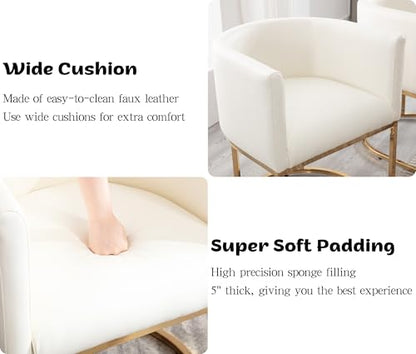 Faux Leather Dining Chairs Set of 2 Modern Barrel Arm Chairs with Golden Metal Frame, Upholstered Kitchen Chairs 18.5" Wide Accent Chairs for Living Room Dining Room Restaurant, White