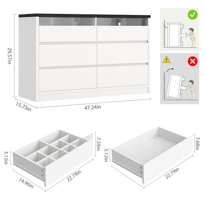 White 6 Drawer Dresser for Bedroom with LED Light & Deep Drawers, view 4