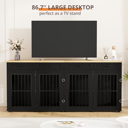 87" Dog Crate Furniture for 2 Dogs, Double Dog Cage Furniture, Black, view 7
