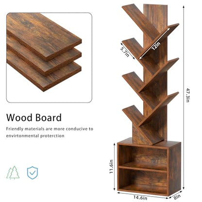 10 Tier Tree Bookshelf,Floor Standing Wood Tall Bookcase for Narrow Space, Storage Organizer Bookshelves for Books, Book Case for CDs/Movies/Books,Home Office,Living Room, Bedroom