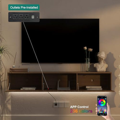 65" Floating TV Stand Wall Mounted with 16 Color LEDs & Power Outlets for TVs, view 4