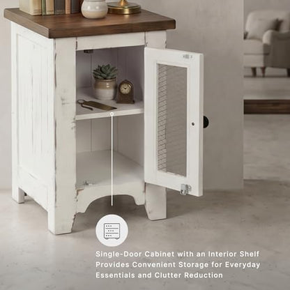 Signature Design by Ashley Wystfield Farmhouse Chair Side End Table with Cabinet Door for Storage, White & Brown with Distressed Finish