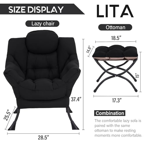 Lazy Chair with Ottoman, Comfy Accent Reading Chair, Black, view 4