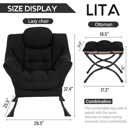 Lazy Chair with Ottoman, Comfy Accent Reading Chair, Black, view 4