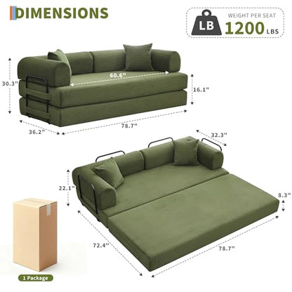 4 in 1 Convertible Sleeper Sofa Bed Couch, 79 Inch Boneless Corduroy Floor Couch with Pillows, No Assembly, Modern Deep Seat Sofa Futon Mattress for Living Room,Apartment,Green