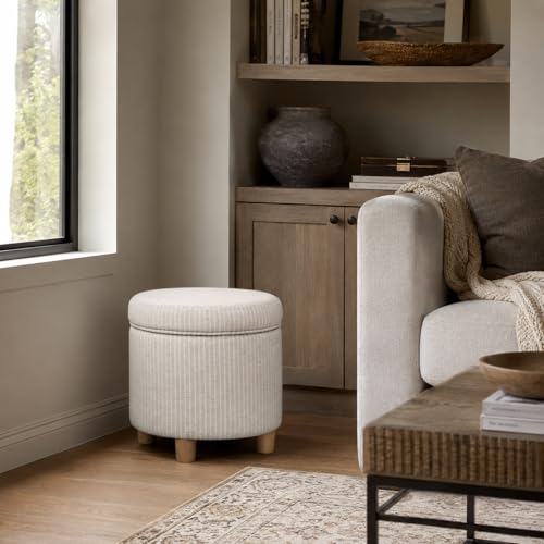 19" Round Storage Ottoman - White Woven Stripe