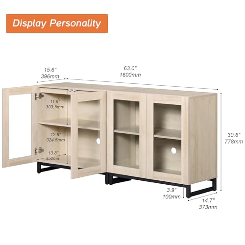 Modern TV Stand with Glass Doors for 40-70 inch TVs, 2 in 1 Entertainment Center Console with Adjustable Shelves and Metal Base for Living Room, Bedroom, Beige