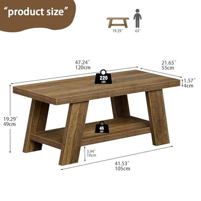 47.24" Coffee Table for Living Room, Farmhouse Wooden Coffee Table with Storage, Rectangle Rustic Accent Center Table with for Home Apartment Office, Retro Brown