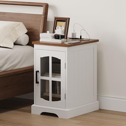 Farmhouse End Table Set of 2 with Charging Station, Nightstand with Adjustable Shelf and Glass Door, White Side Table for Living Room, Bedroom