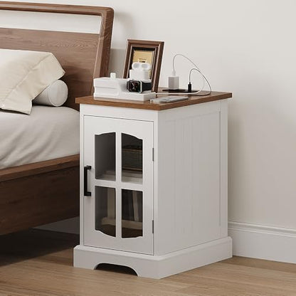 Farmhouse End Table Set of 2 with Charging Station, Nightstand with Adjustable Shelf and Glass Door, White Side Table for Living Room, Bedroom