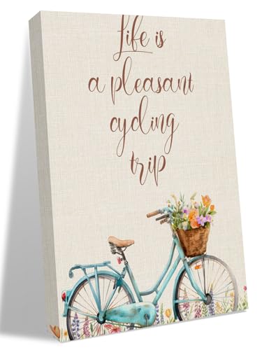 NuYeBiofx Life Is An Enjoyable Cycling Trip Canvas Wall Art Prints,30"x20" Framed Picture Artwork Bike Flowers Printed Canvas Oil Painting for Living Room Bedroom Office,Ready to Hang