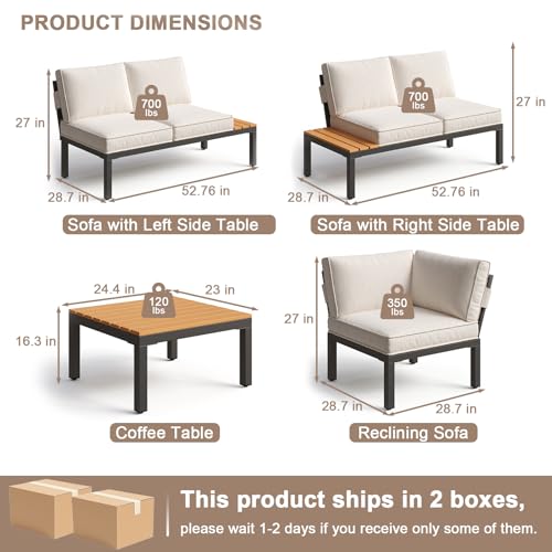 4-Piece Patio Furniture Set,Metal Outdoor Sectional Sofa with 3 Fauxwood Tables &Adjustable Reclining Chair,Patio Modular L Shape Sofa with Thickened Cushions for Backyard,Deck,Balcony,Beige