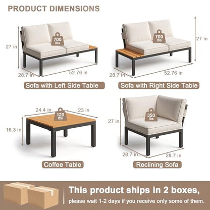 4-Piece Patio Furniture Set,Metal Outdoor Sectional Sofa with 3 Fauxwood Tables &Adjustable Reclining Chair,Patio Modular L Shape Sofa with Thickened Cushions for Backyard,Deck,Balcony,Beige