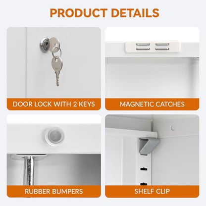 Metal Garage Storage Cabinet with Two Lockable Drawers 2 Locking Doors and an Adjustable Shelf, 36" White Metal Short Storage Cabinet for Home Office, Garage,School,Utility Room