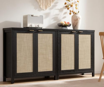 Sideboard Buffet Storage Cabinet - Boho Rattan Credenza Coffee Bar Cabinet with Large Storage, Farmhouse Console Buffet Table for Kitchen Living Room Entryway - 2 Black Pieces