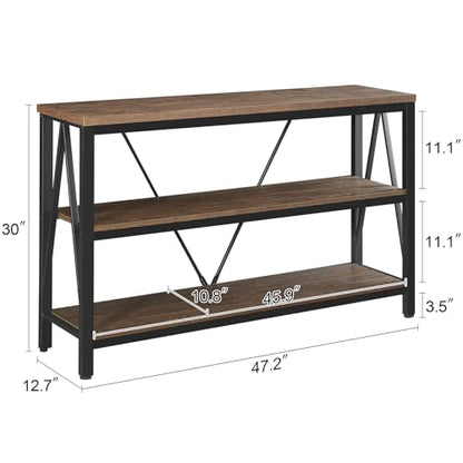 Entryway Console Table, Rustic Console Table with Wide Storage, Industrial Foyer for Entryway with 3-Tier Open Shelves, Entry Tables for Living Room, Hallway, Brown, 47 Inch