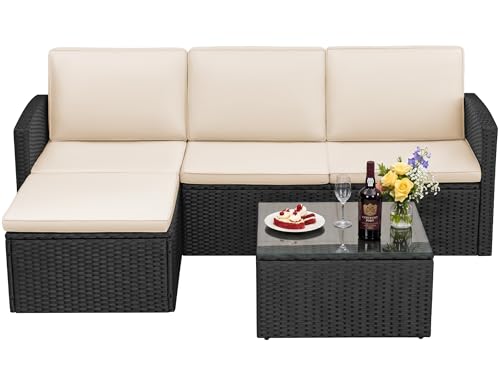 Patio Sofa,Outdoor Furniture Set 4 Pieces,Wicker Sectional Couch with Glass Desktop and 75.9in Wide Backrest for Backyard, Deck,Porch & Poolside(Black)