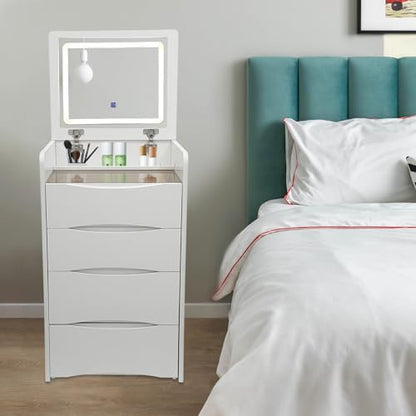 Integrated Vanity with Flip Top Lighted Mirror, 3 in 1 Compact Vanity, Small Dresser Desk Small Makeup Table with 3 Drawers for Girls, Bathroom, Bedroom, Dormitories (White)