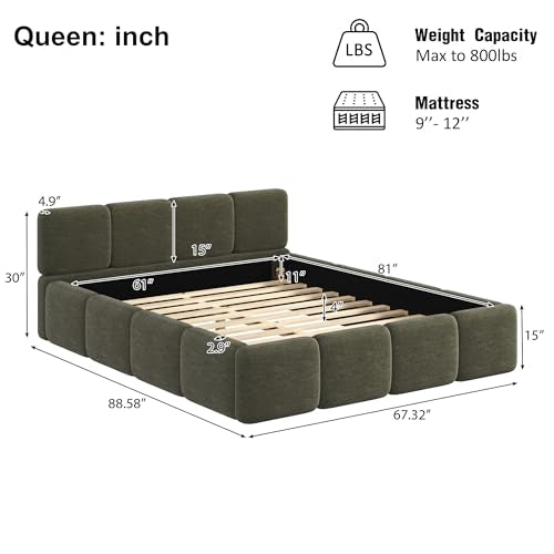 Queen Linen Blend Platform Bed, Thick Headboard and Footboard, Green, view 3