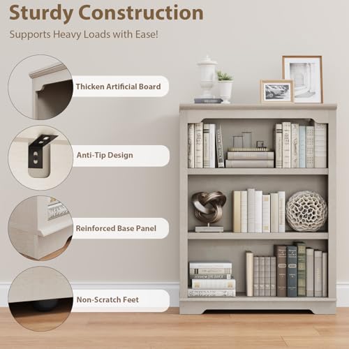 3 Tier Sturdy Bookshelf with Thick Board, 31.5" Wide Wooden Book Shelf, Freestanding Open Display Storage Bookshelves for Study Room, Home Office, Living Room