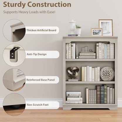 3 Tier Sturdy Bookshelf with Thick Board, 31.5" Wide Wooden Book Shelf, Freestanding Open Display Storage Bookshelves for Study Room, Home Office, Living Room
