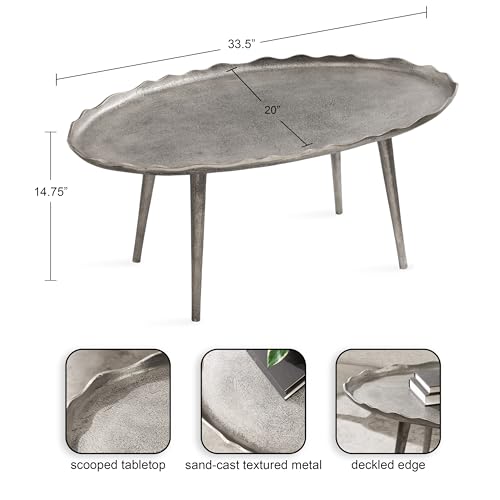 Alessia Modern Glam Oval Coffee Table; 34 x 20 x 15; Silver; Metal Living Room Table for Storage and Display with Antique Deckled Edge Detailing