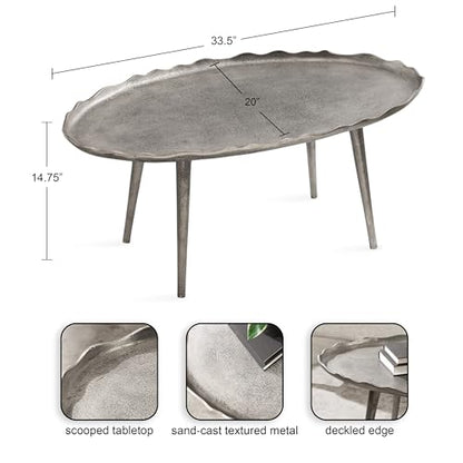 Alessia Modern Glam Oval Coffee Table; 34 x 20 x 15; Silver; Metal Living Room Table for Storage and Display with Antique Deckled Edge Detailing