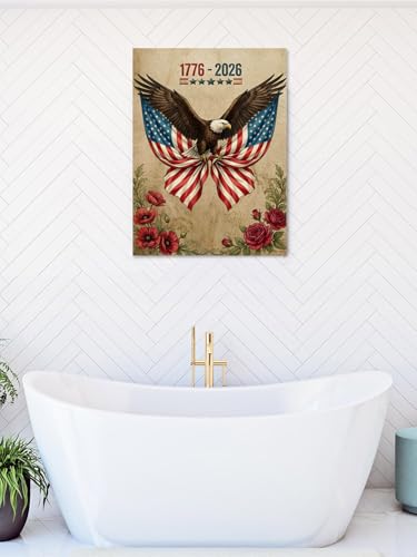 NuYeBiofx Anniversary Patriotic Eagle Canvas Wall Art Prints,30"x20" Framed Picture Artwork USA Flag Vintage Flower Leaf Printed Canvas Oil Painting for Living Room Bedroom Office,Ready to Hang