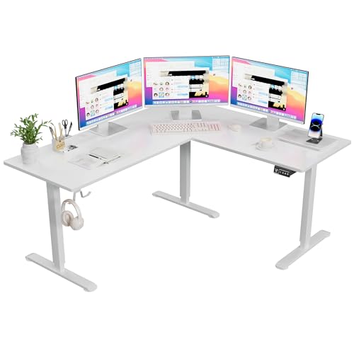 63 x 55 Inch L Shaped Standing Desk with 2 Preset Heights, Electric Height Adjustable Computer Table, 2 Hooks & Feet Balance, Corner Sit Stand Desk for Home Office (White, 63 x 55 Inch)