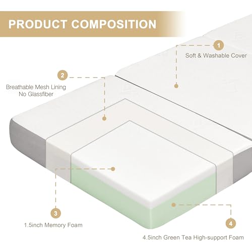 Folding Mattress, 6 Inch Memory Foam Tri-fold Mattress with Breathable & Washable Bamboo Fiber Fabric Cover, Foldable Floor Guest Bed for Camping, Road Trip, Twin